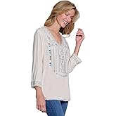 MULTIPLES Womens Clothing | Three Quarters Sleeve V-Neck Top with Embroidery | Dressy & Casual Clothing for Women (Multi | M)