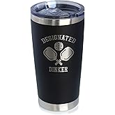 Designated Dinker - Insulated Coffee Tumbler Cup with Sliding Lid - Stainless Steel Insulated Mug - Funny Pickleball Themed Gifts and Decor - Black