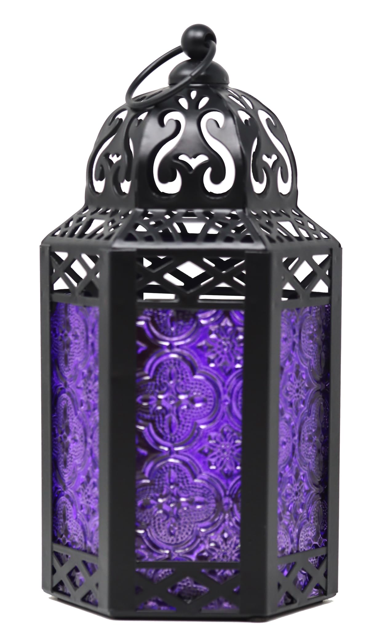Black Metal Decorative Moroccan Lantern Candle Holder Lamp for Indoor or Outdoor Home Decor, Small, Purple
