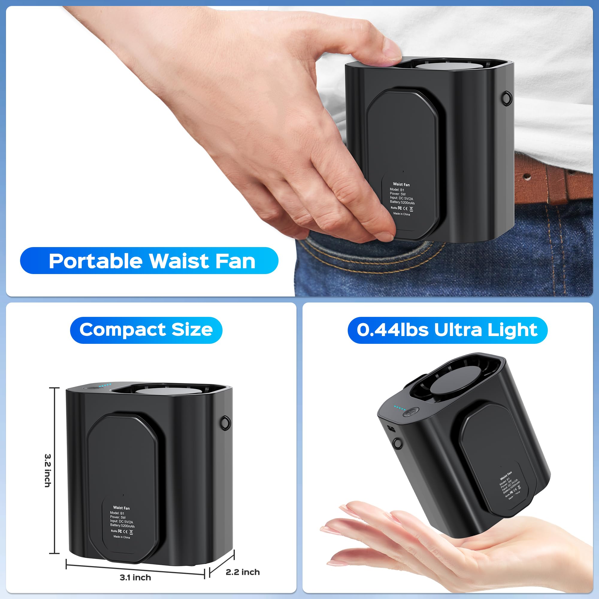 10000PRM Portable Waist Clip Fan Rechargeable Working Up to 20Hrs 3 Speeds Strong Turbo Airflow Personal Belt Neck Fan Clip on Waist for Golf Camping Outdoor Jobsite