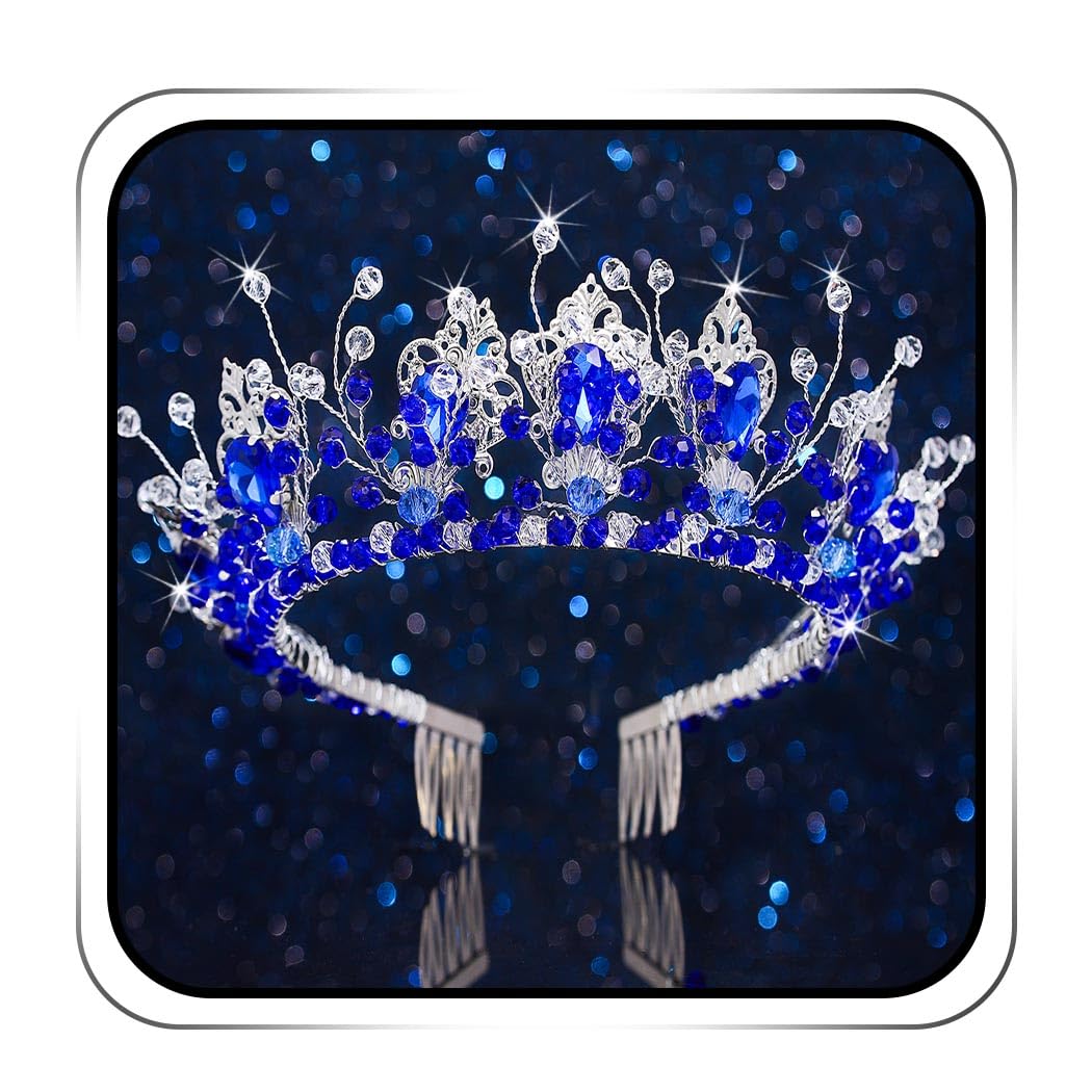IYOU Queen Wedding Crown Headband Blue Crystal Bride Crowns Tiara Rhinestone Prom Festival Bridal Hair Accessories for Women