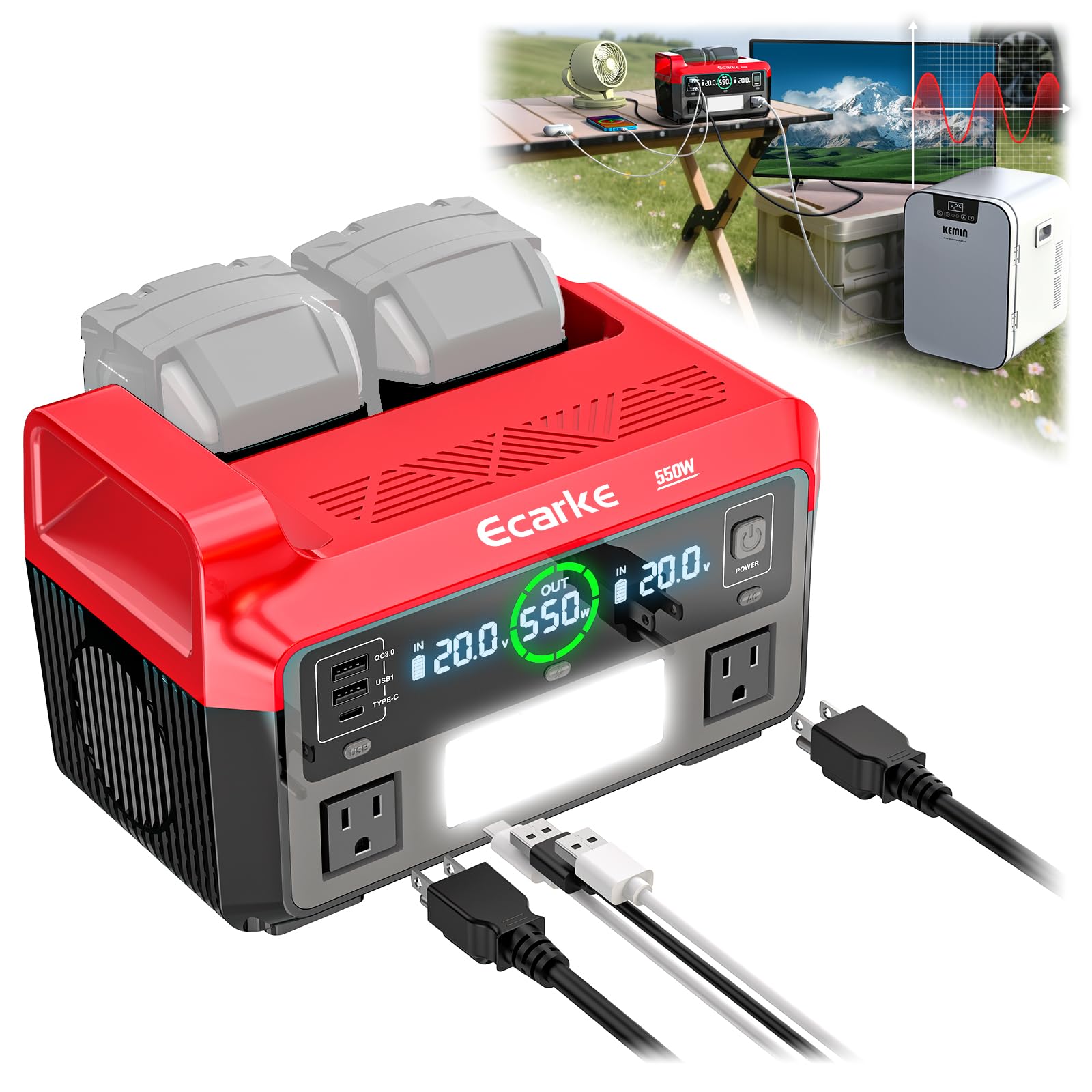 Photo 1 of 550W Portable Power Inverter Compatible with Milwaukee 18V Battery, Power Station DC18V to AC110V Pure Sine Wave, Battery Power Adapter 2USB Type-C, Generator Phone Charger LED Light Camping Emergency
