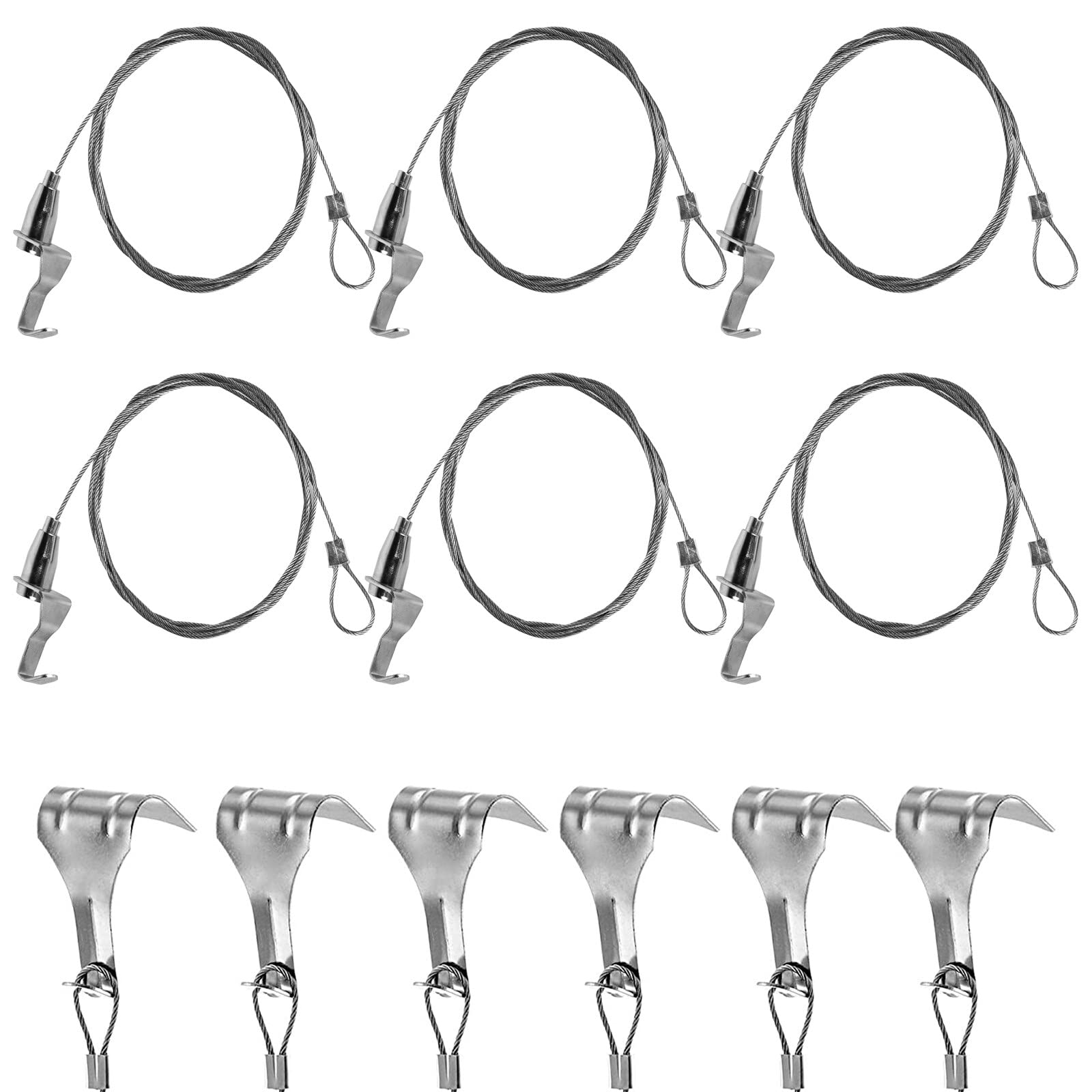 6Pcs Picture Hanging Wire Kit, 2m × Φ2mm Stainless Steel with Wire 6 Adjustable Hook, Picture Rail Hooks and Picture Hanging Wire Kit with Hooks, Picture Wire for Picture Curtain Exhibition
