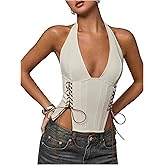 MakeMeChic Women's Corset Halter Tops Y2K Going Out Lace Up Tops Gothic Cowgirl Crop Tops