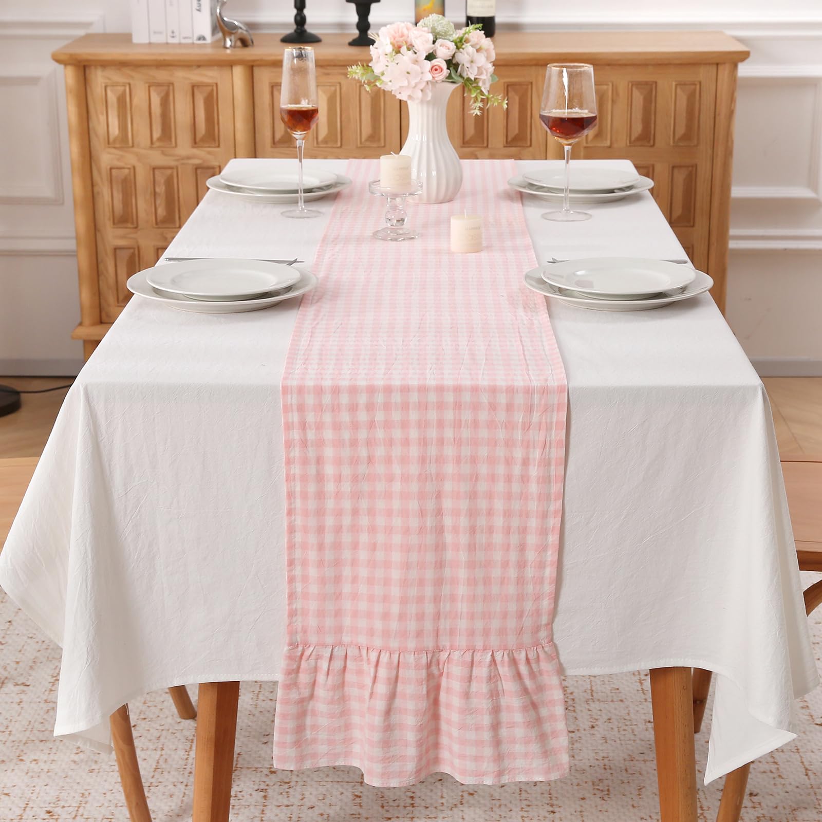 Photo 1 of Peachy Blush White Plaid Gingham Ruffle Table Runner 108 inches Long 100% Washed Cotton Decorative Farmhouse Cabinet Cover (Blush, 108"x13")