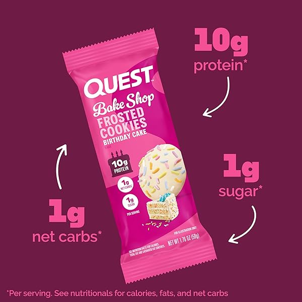 QUEST NUTRITION FROSTED COOKIES TWIN PACK, BIRTHDAY CAKE, 1G SUGAR, 10G PROTEIN, 1G NET CARBS, GLUTEN FREE, 16 COOKIES