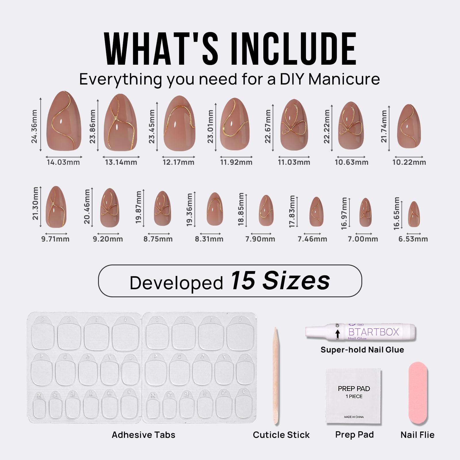 BTArtbox Press On Nails Almond - Press On nails with 3D Gold Lines Design, Medium Glue On Nails with Nail Glue, Gold Swirl Stick On Nails in 15 Sizes, Radiant Ribbons - Image 5