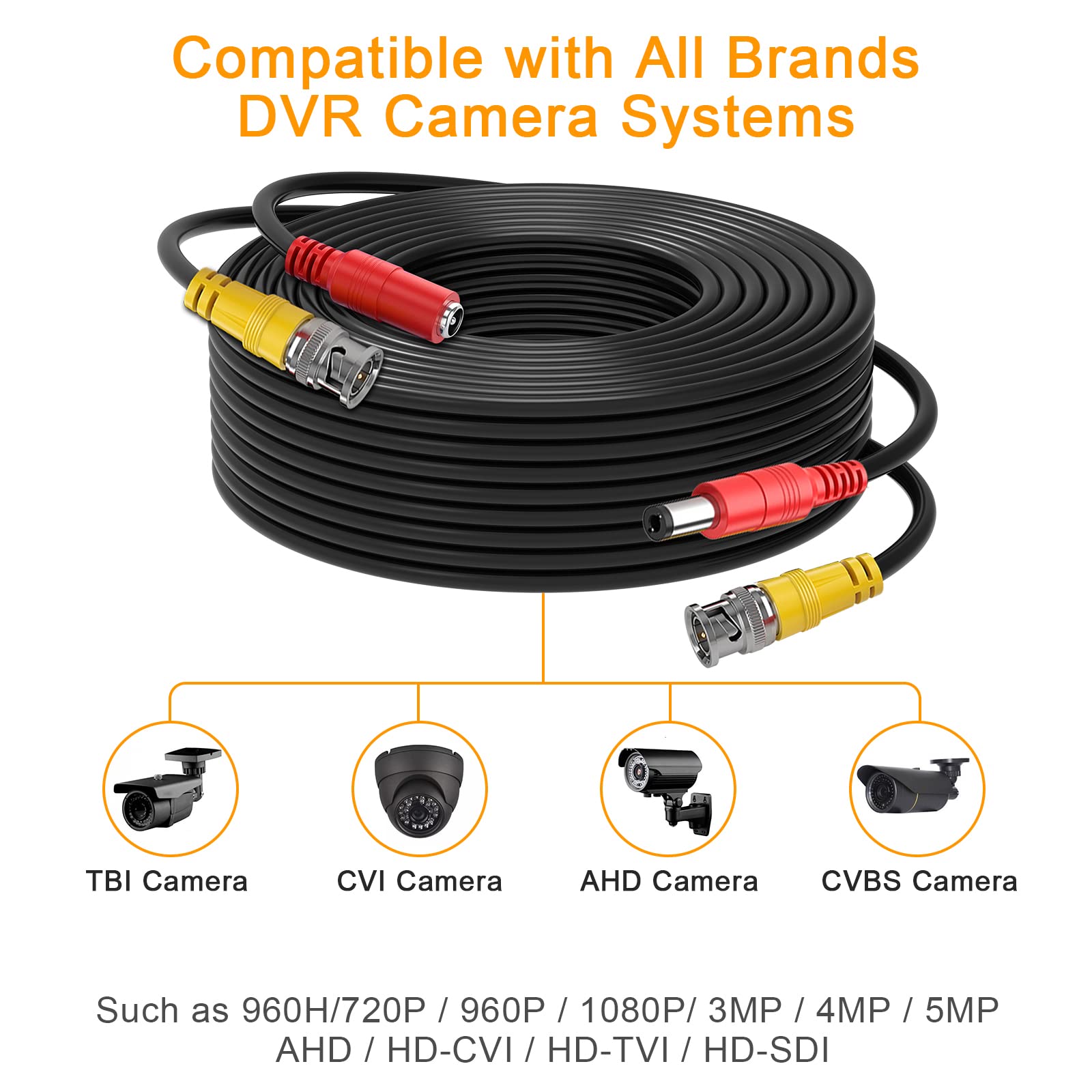 4x200ft BNC Cable All-in-One Siamese Video and Power Security Camera Cable Extension Wire Cord with 2 Female Connectors for All Max 5MP HD CCTV DVR Surveillance System, 200ft 4pack Cable, Black