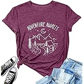 Adventure Awaits Shirts for Women Cute Sunrise Eagle Graphic Hiking T Shirts Outdoor Casual Short Sleeve Wildflower Tops