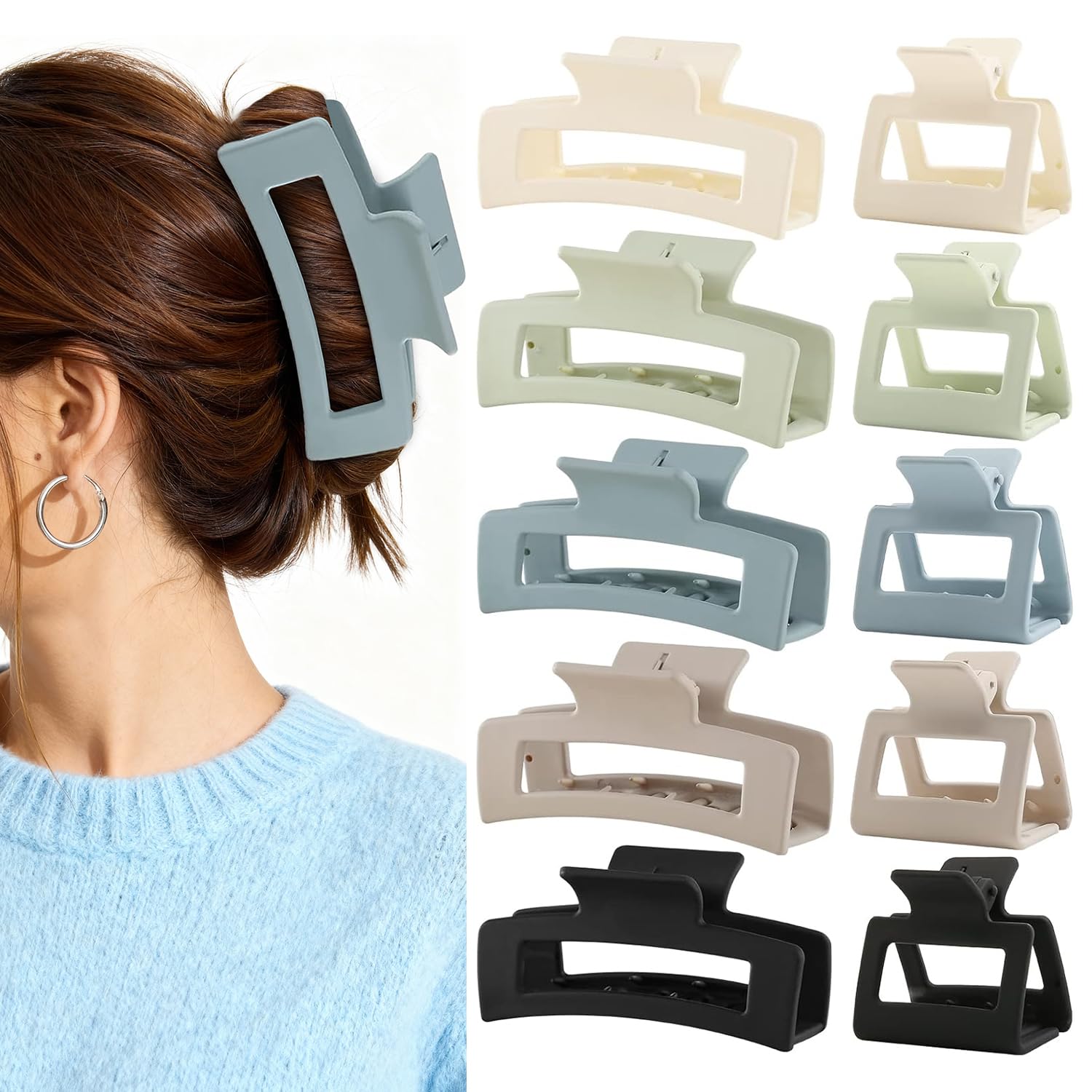 Photo 1 of 10 Pack Square Claw Clips for Women, Large & Small Rectangle Hair Clips for Thick Thin Hair, Strong Hold Non Slip Matte Plastic Big Banana Hair Claw Clips for Girls, Light Color