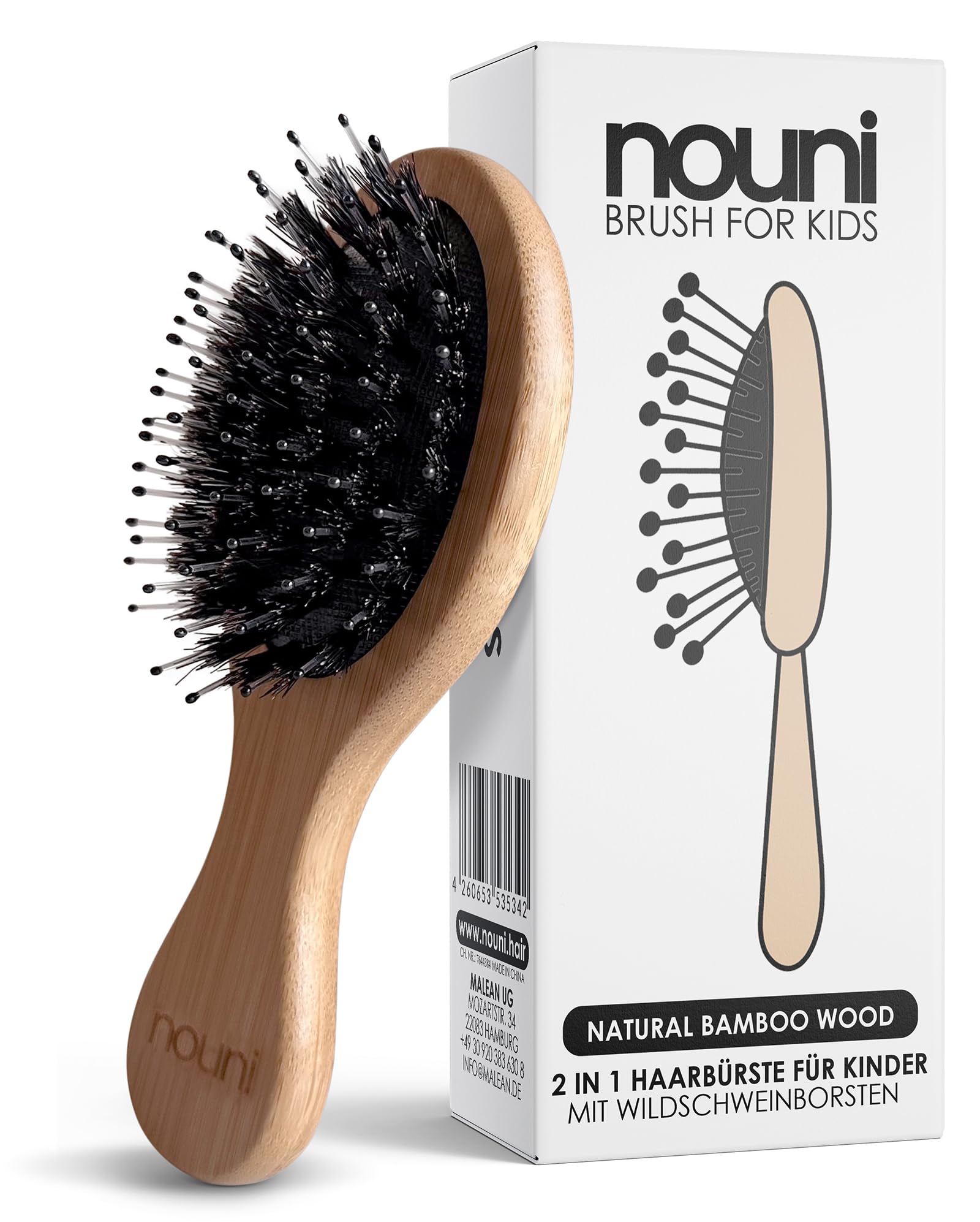 Children's Bamboo Wood Brush with Boar Bristles | Kids Brush: No Pull | Premium Baby Massage Comb | Hair Brush by nouni