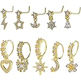 Telooco 10 Pcs Gold Nose Rings for Women 20G Dangle Nose Ring Hoop L Shaped Dangling Nose Stud Heart Star Butterfly Moon CZ Cute Nose Rings with Charm Cartilage Earring Indian Piercing Jewelry