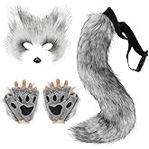 Adolala Faux Fur Fox Tail Cat Wolf Set Plush Mask Fluffy Paw Gloves Halloween Christmas Party for Women