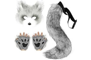 Adolala Faux Fur Fox Tail Cat Wolf Cosplay Costume Set Plush Mask Fluffy Paw Gloves Halloween Christmas Party for Girls Women