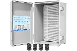 GEVEELIFE Waterproof Junction Box ABS Plastic, Outdoor Electrical Box IP67 Hinged Cover Project Box with Mounting Plate Wall Brackets and 2 Cable Glands, Grey Electrical Enclosure 11.4"x7.5"x5.5"