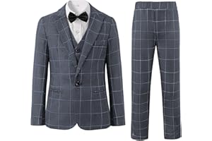 LOLANTA Boys Plaid Suit 5 Piece Formal Outfits Slim Fit Dress Clothes Kids Tuxedo Blazer Shirt Vest Pants Bow Tie
