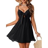 LYANER Women's Ruched V Neck Sleeveless Ruffle A Line Tie Knot Front Sexy Mini Dress