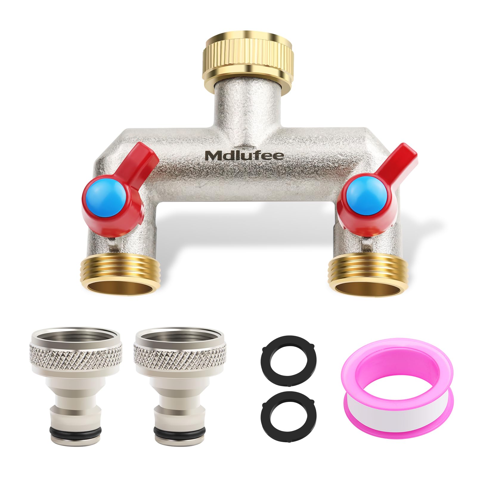 Mdlufee 3/4 Inch Brass Tap Splitter 2 Way Set,2 Quick Connector, Hose Tap Splitter Connection with 2 Individual Valves for Garden Kitchen Faucet,Washing Machine Hose Connector