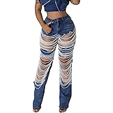 LETSVDO Women's Sexy Ripped Jeans High Waist Distressed Rhinestone Pearl Chains Stretch Denim Pants Clubwear