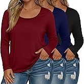Evervibe 3 Pack Women's Plus Size Scoop Neck Long Sleeve Shirts, U Neck Loose Layer Tops Casual Soft Solid Basic Tees Blouses