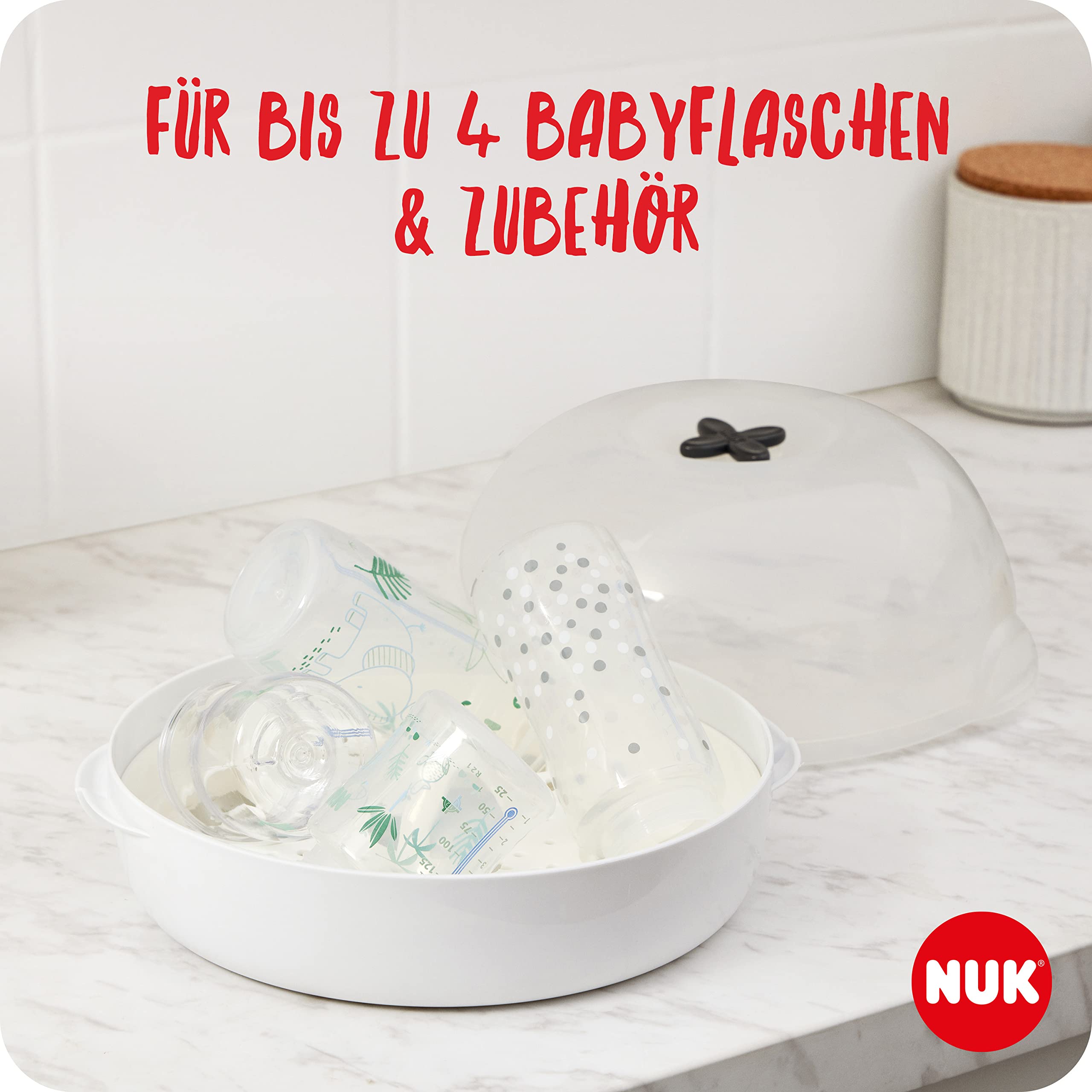 NUK Micro Express Plus Mikrowellen-Sterilisator für Flaschen | sterilisiert bis zu 4 Babyflaschen plus Zubehör in 4 Minuten | passt in die meisten Mikrowellen | inklusive Flaschenzange 3