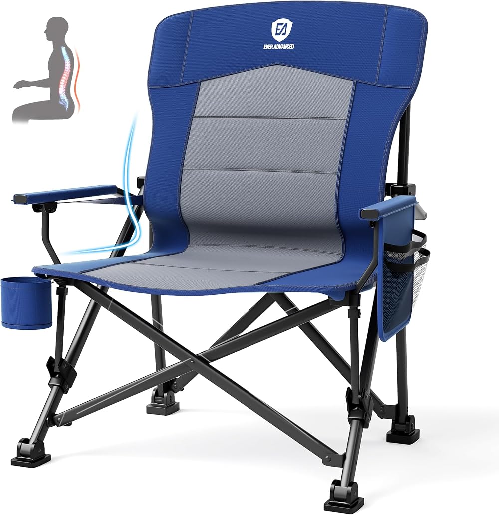 EVER ADVANCED Oversized Folding Camping Chair with Lumbar Support 230KG Blue