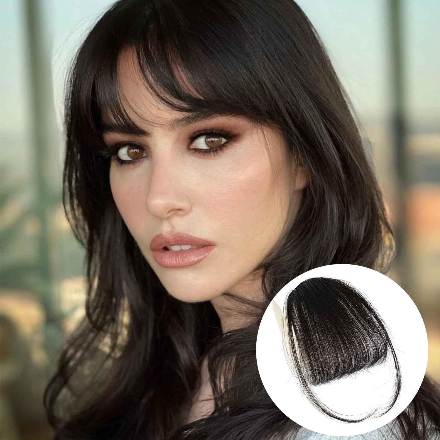 Clip In Fringe 100% Real Human Hair Bangs Hair Clip Thin Bangs On Hairpiece On Air Bangs With Temple Wispy Bangs Hair Extensions for women (Brown Black, Wispy Fringe) — image 1