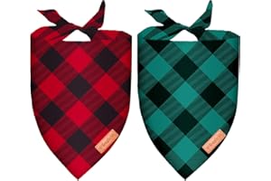 KREYFER 2 Pieces Christmas Buffalo Plaid Dog Bandanas, Double-Sided Reversible Triangle Scarf, Red and Green Checkered Design, Holiday Pet Costume Accessories for Dogs and Cats (Small)