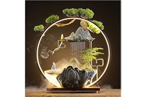 HSINYA Elder Tabletop Indoor Water Fountains Waterfall with LED Light Zen Decor for Meditation with Mist Japanese Decor with Fake Plants Feng Shui Decor for Good Luck Wealth