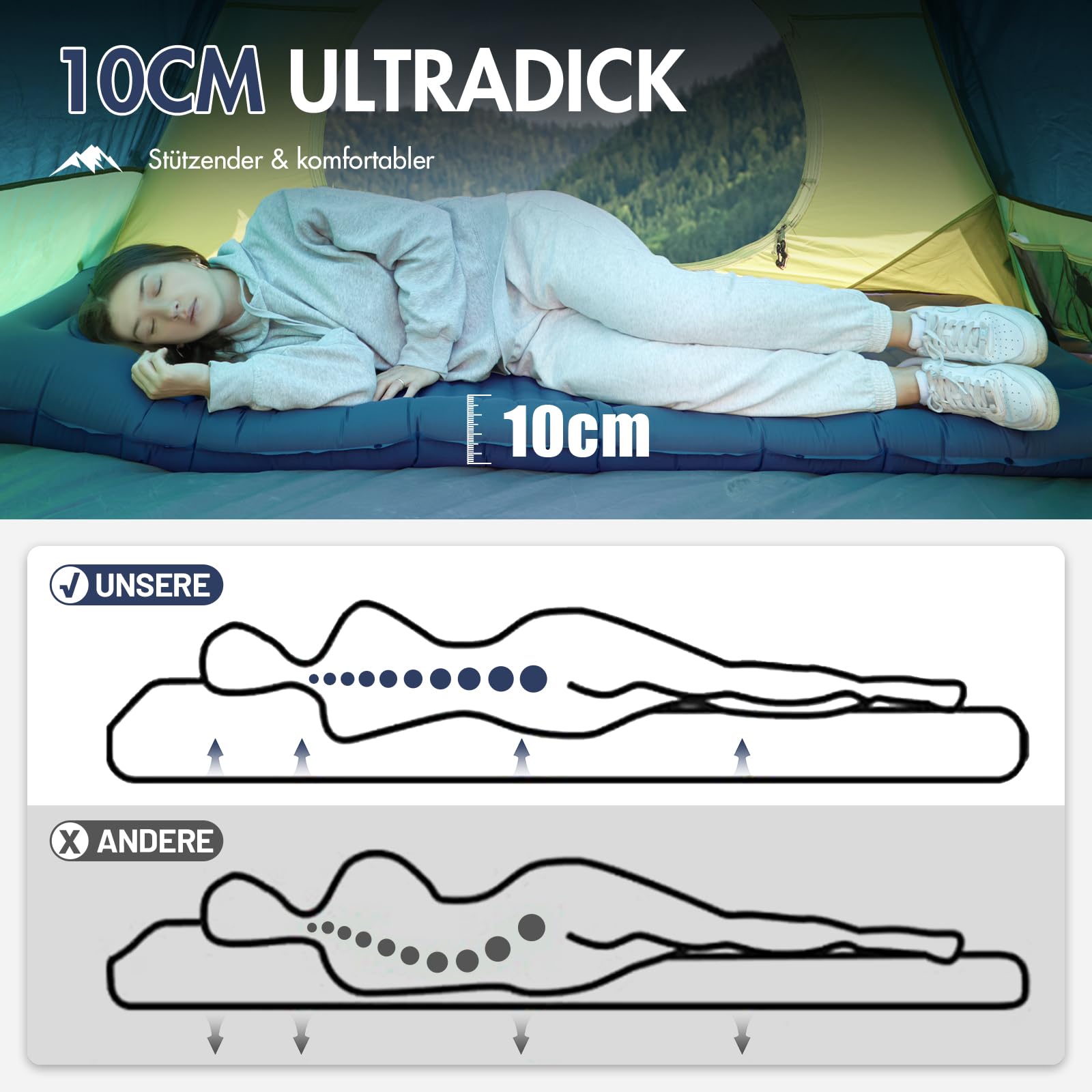 Portal Camping Isomatte 10cm Dicke Luftmatratze Utraleicht mit Fußpresse Pumpe 18cm Dicke Kissen Aufblasbare Matratze Outdoor Faltbare Schlafmatte 200 * 74cm für Camping Wandern Reisen 5