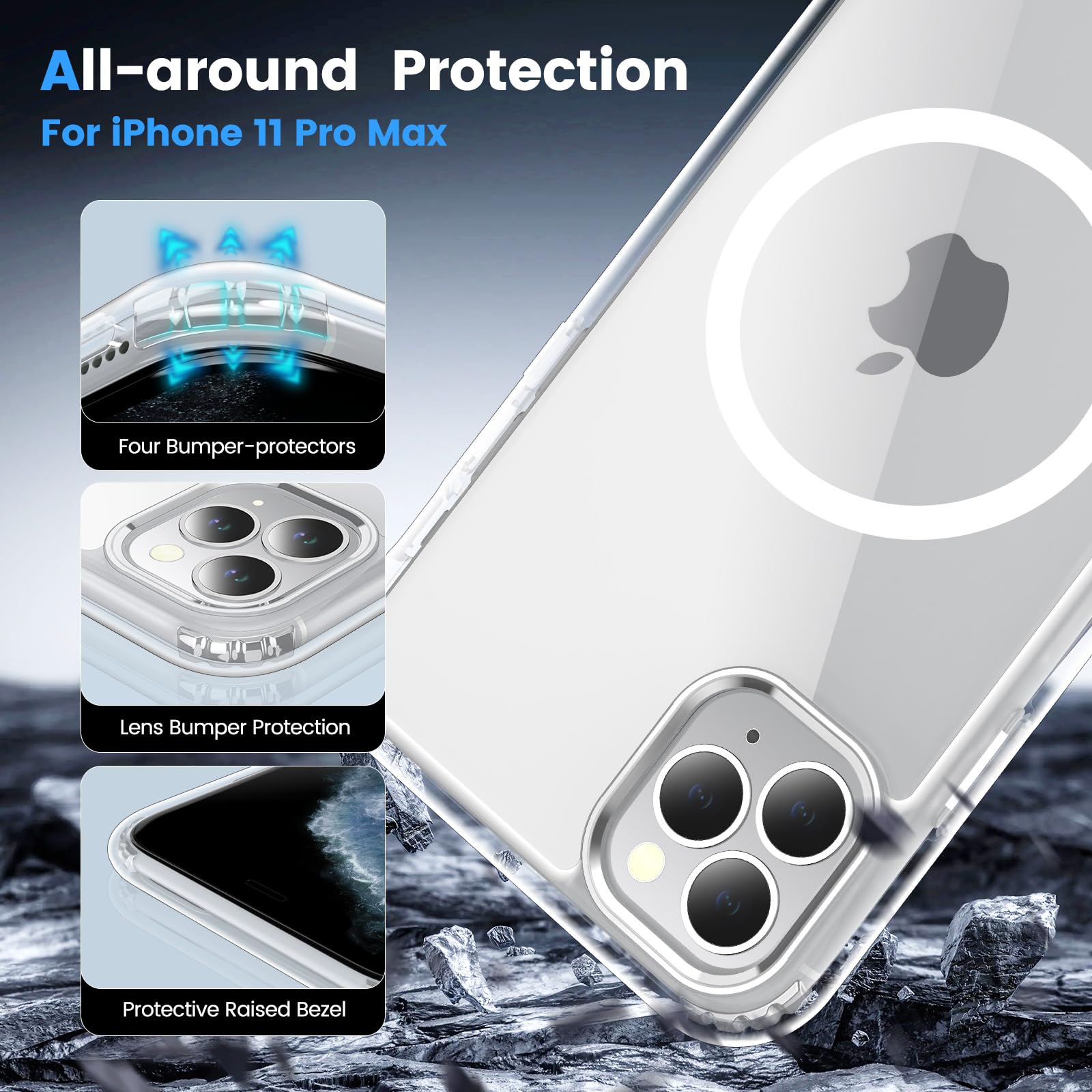 Temdan for iPhone 11 Pro Max Case Clear, Compatible with Magsafe, Anti-Yellowing, Military-Grade Protection, Shockproof Slim Magnetic Phone Case Cover, Transparent