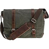Vintage Genuine Leather Waxed Canvas Briefcase Large Satchel Shoulder Bag Rugged Computer 15.6" Laptop Bag