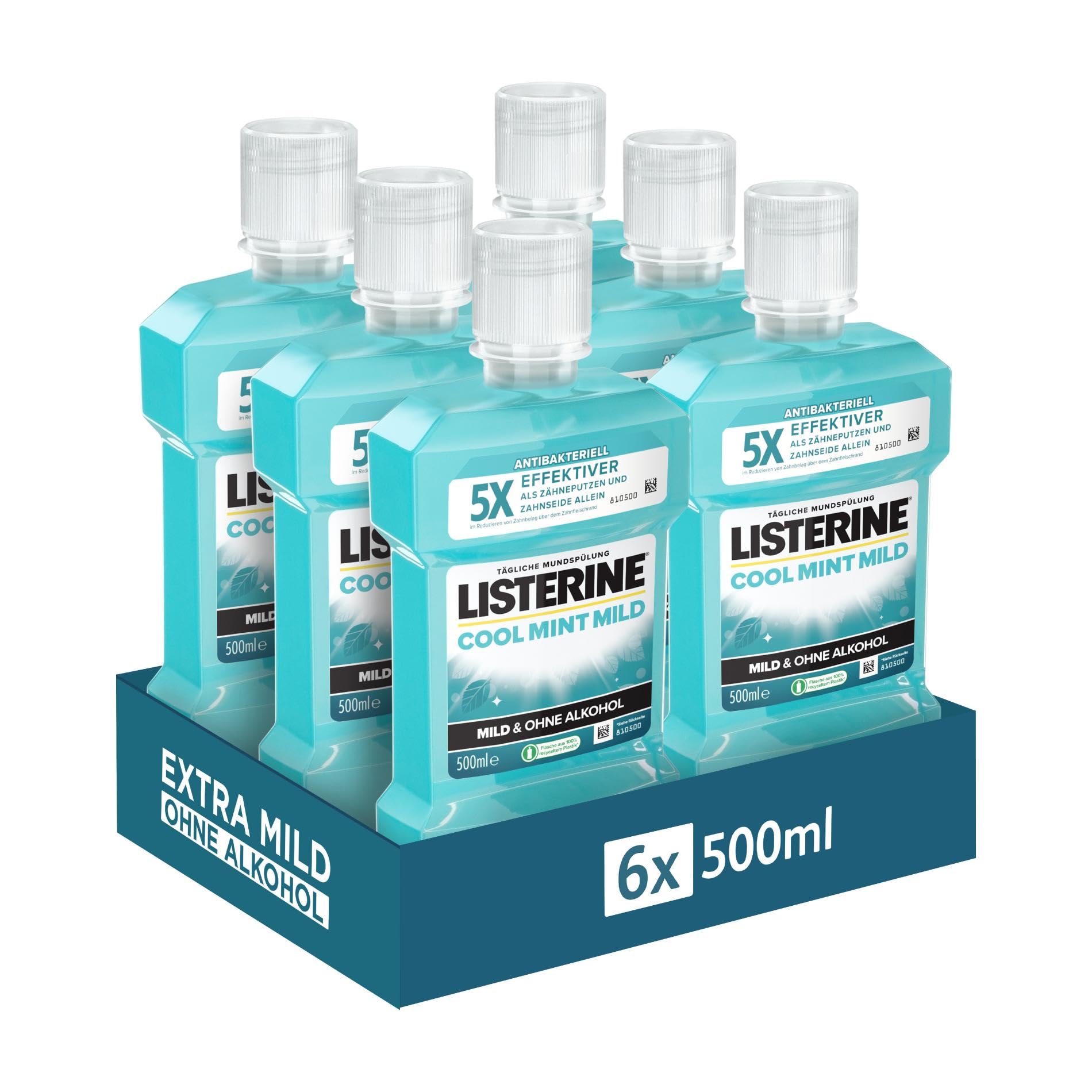 LISTERINE Cool Mint Mild 6 x 500 ml, antibakterielle Mundspülung mit ätherischen Ölen und ohne Alkohol, mildes Mundwasser bekämpft wirksam Bakterien, optimale Ergänzung zur täglichen Zahnpflege