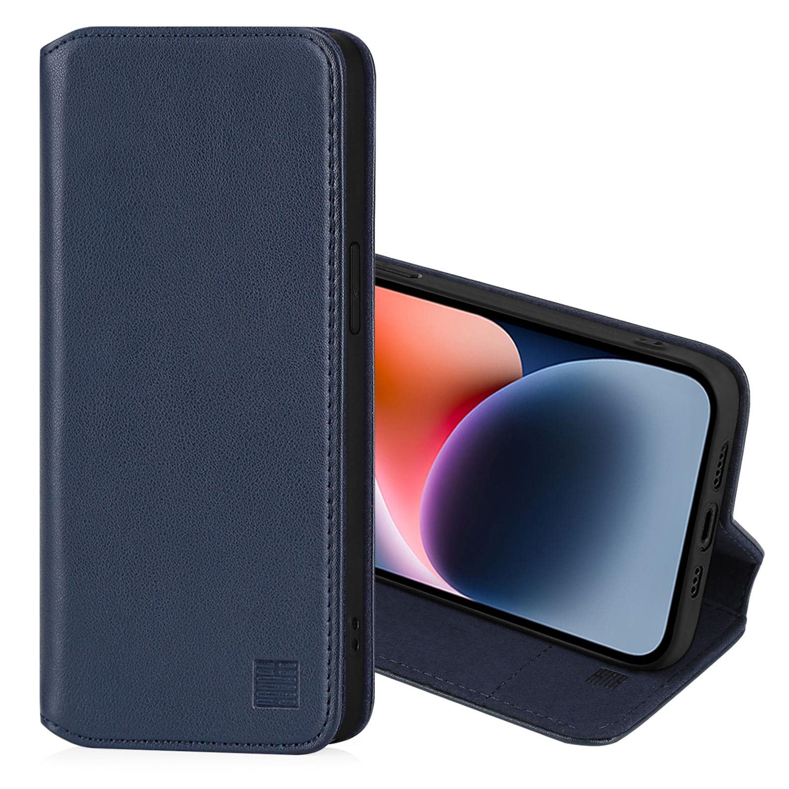 32nd Classic Series 2.0 - Real Leather Book Wallet Flip Case Cover For Apple iPhone 13 (6.1"), Real Leather Design With Card Slot, Magnetic Closure and Built In Stand - Navy Blue