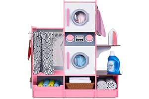 LIL' JUMBL Lil’ Jumbl Kids Washer and Dryer Playset, Wooden Children's Pretend Laundry Set, Includes Broom, Dustpan, Iron, Hangers & Basket, Realistic Laundry Room for Kids - Pink