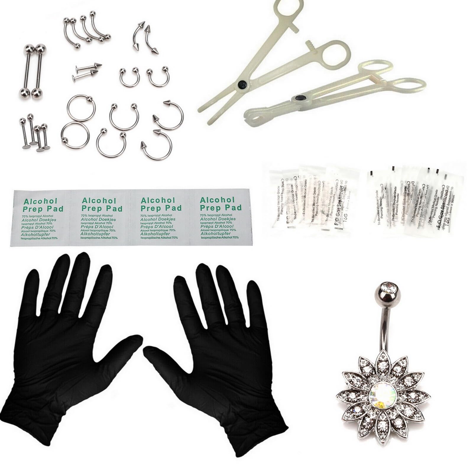 Beaute Professional Piercing Set - 41Pc Nose Piercing Kit, Stainless Steel 14G & 16G Nose Ring Studs, Sliver Color