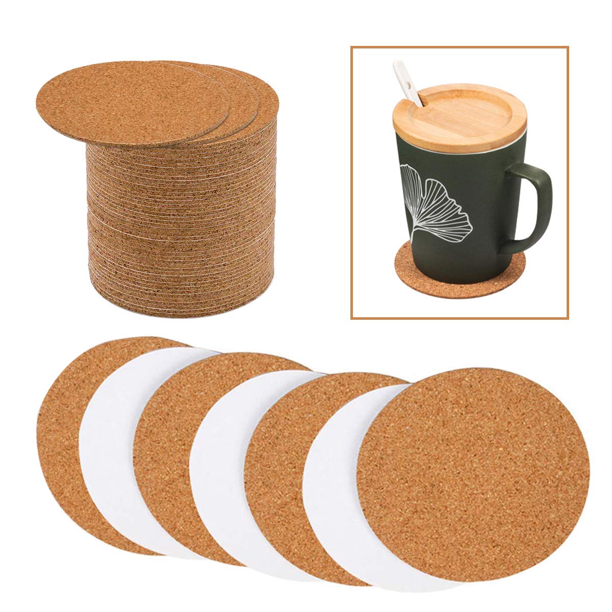 Allazone Self-Adhesive Cork Round, 70 Pack 9 x 9CM Cork Backing Sheets for Wall Decoration, Party Supplies Coasters and DIY Crafts