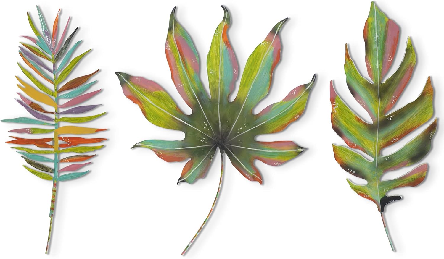 Plaques & Wall Art - Americanflat Three Metal Leaves Wall Décor Set - 3x14 Leaves as Outdoor Metal Wall Art Decorations - Modern Style Wall Hanging Décor for Patio, Garden - Metal Indoor Wall Art, RainBow Color