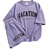 Klyatpxoen Size 6-12 Years Girl's Tracksuit Sets 2 Piece Outfits Letter Print Vacation Tee Top and Drawstring Waist Shorts