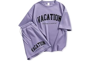 Klyatpxoen Size 6-12 Years Girl's Tracksuit Sets 2 Piece Outfits Letter Print Vacation Tee Top and Drawstring Waist Shorts