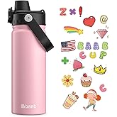 baab 18oz Kids Water Bottle, Insulated Kids Water Bottle with Lockable Spout Lid & Stickers, 18/8 Stainless Steel Vacuum Leakproof Kid Water Cup with Handle for Sports Travel & School (Pink, 1 Pack)