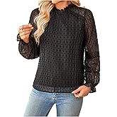 Milumia Women's Swiss Dots Sheer Mesh Blouse Flounce Long Sleeve Ruffle Lace Patchwork Tops