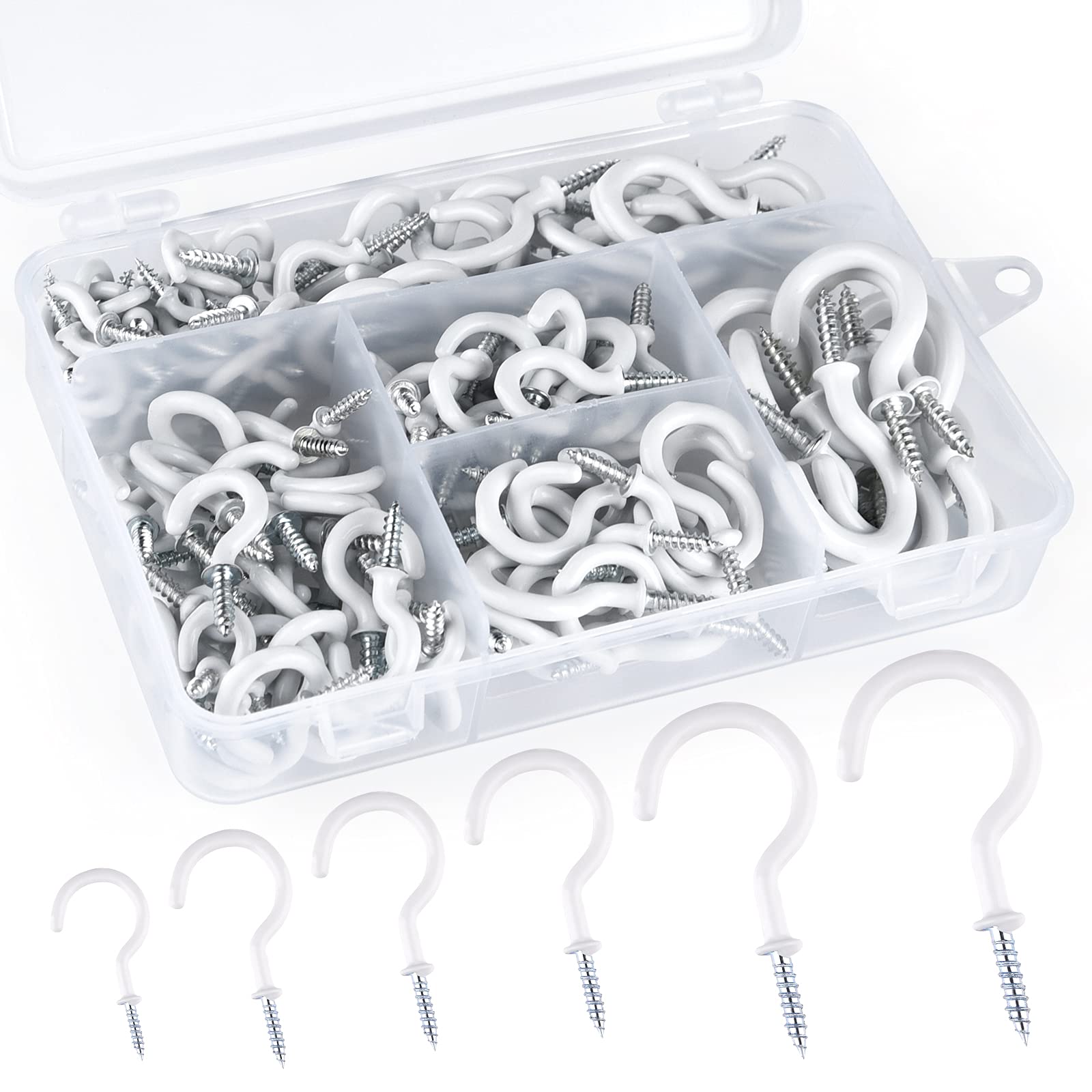 FEPITO 170 Pieces Vinyl Screw Hooks,Hook Screws Ceiling Hooks Set Screw Hooks Cup Hooks Coated Cup Hooks with Plastic Box,6 Sizes (White)