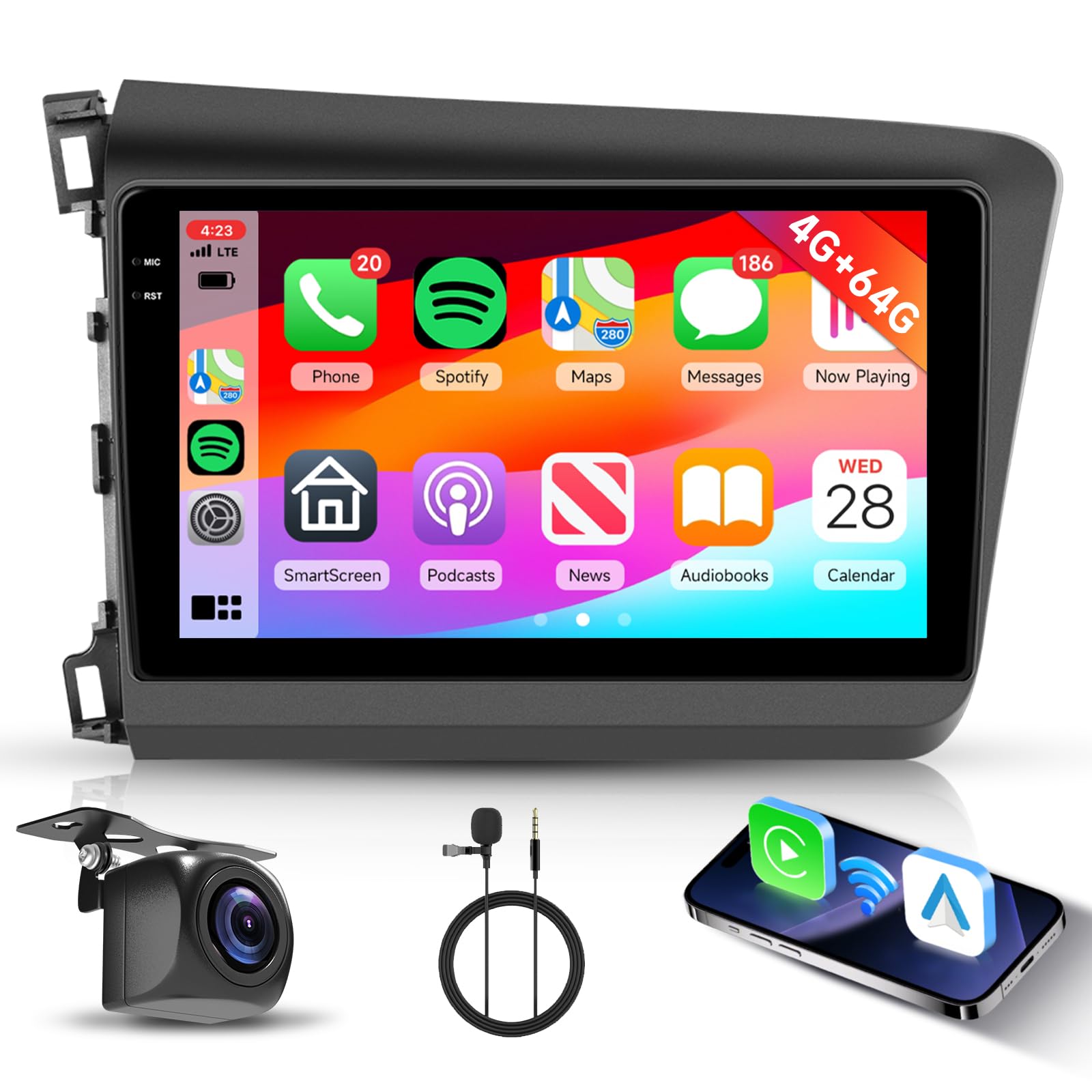 Photo 1 of [4G+64G] Stereo for Honda Civic 2012-2015 with Wireless Carplay Android Auto, Hodozzy 9 inch Touch Screen with GPS, Mirror Link, Bluetooth, WiFi, DSP, FM/RDS Radio,Camera