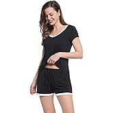 Joyaria Womens Short Sleeve Pajamas bamboo viscose Pj Shorts Set Soft Lightweight Cooling Sleepwear(Black,S)