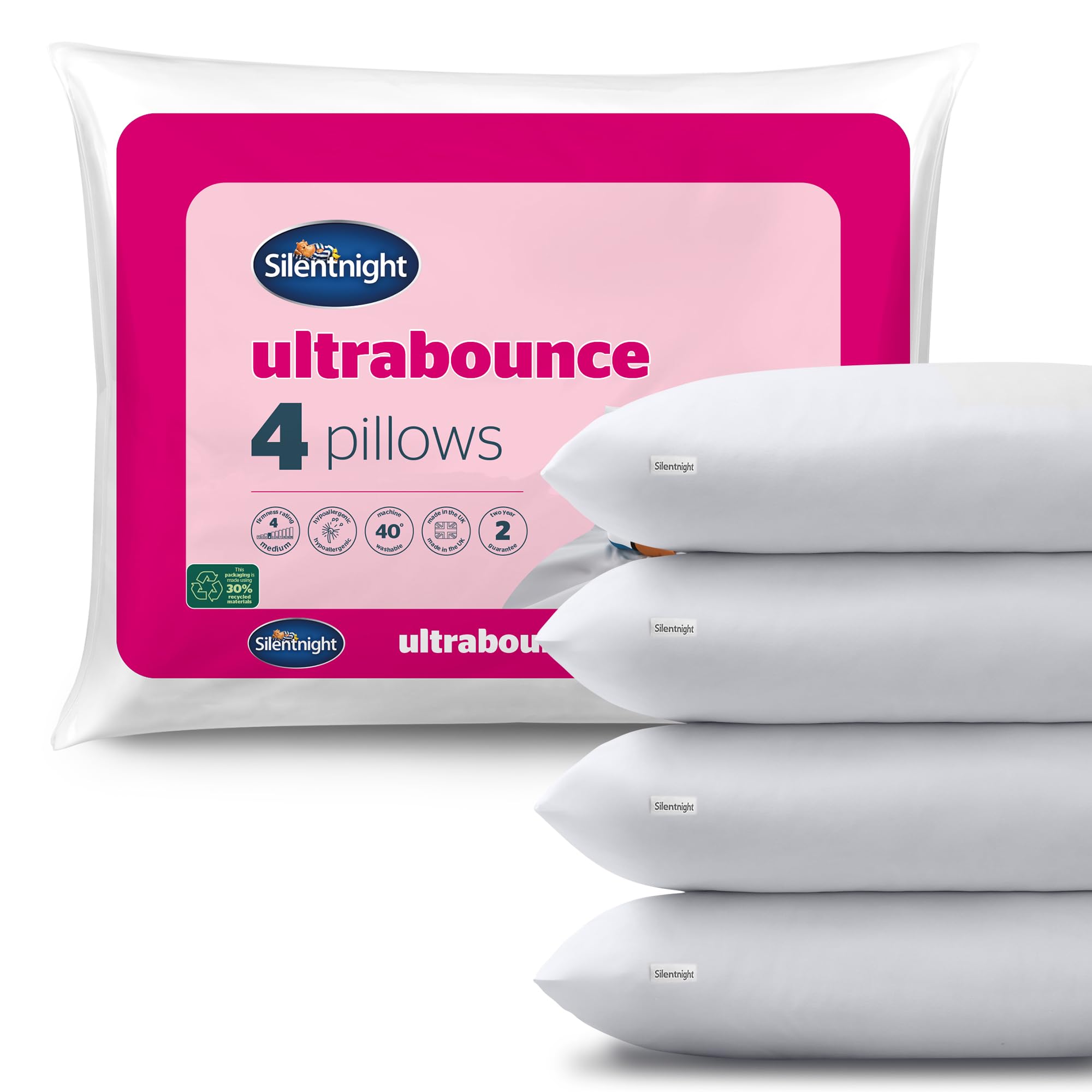 Silentnight Ultrabounce Pillows 4 Pack - Soft Medium Support Comfortable Bouncy Pillows for Stomach, Back and Side Sleepers - Machine Washable and Hypoallergenic Bed Pillows - Pack of 4