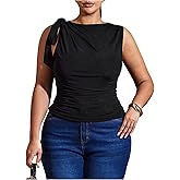 WDIRARA Women's Plus Size Tie Shoulder Tank Top Asymmetrical Neck Sleeveless Tops
