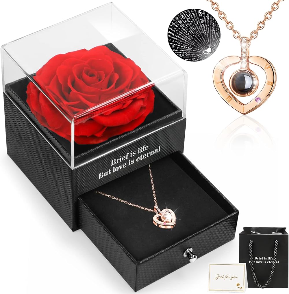 HEGUD Eternal Rose & I Love You Necklace Gift for Mum, Wife, Girlfriend