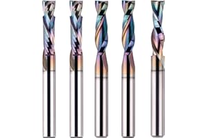 SpeTool 5PCS CNC Router Bits Set with Extreme Long Life TAC Coated, 1/4 Inch Shank 1 Inch Cutting Length 2-1/2 OVL, Spiral Up