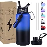 CoolSub Insulated Water Bottle, 32 oz Stainless Steel Wide Mouth Water Bottles with 2 Leak Proof Lid and Paracord Handle, Dou